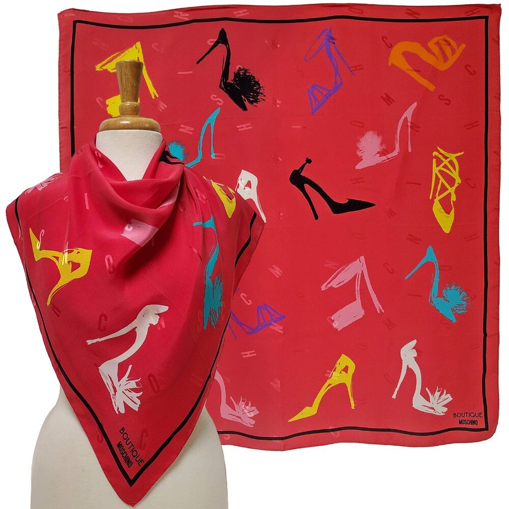 BOUTIQUE MOSCHINO SCARF SHOE PRINT LOGO SILK TWILL SQUARE FOULARD 34"